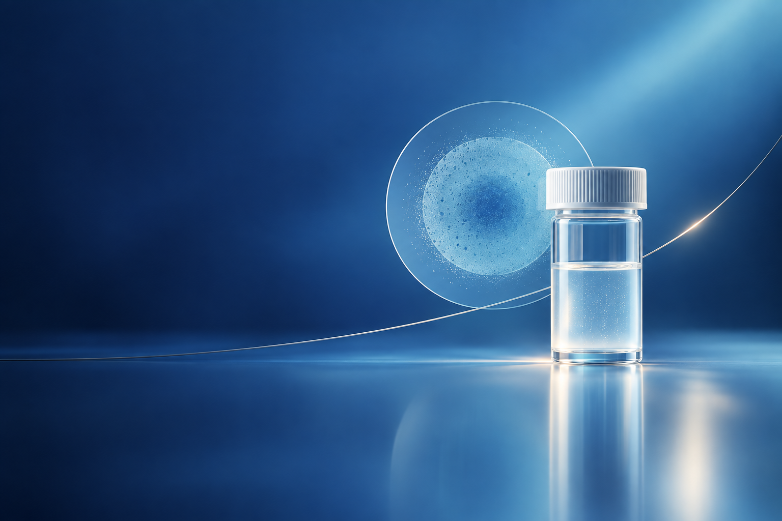 Vial transparente con una muestra líquida y un halo de análisis azul